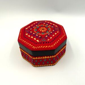 Vintage Red Embroidered Jewelry Box: Boho Lidded Trinket Storage